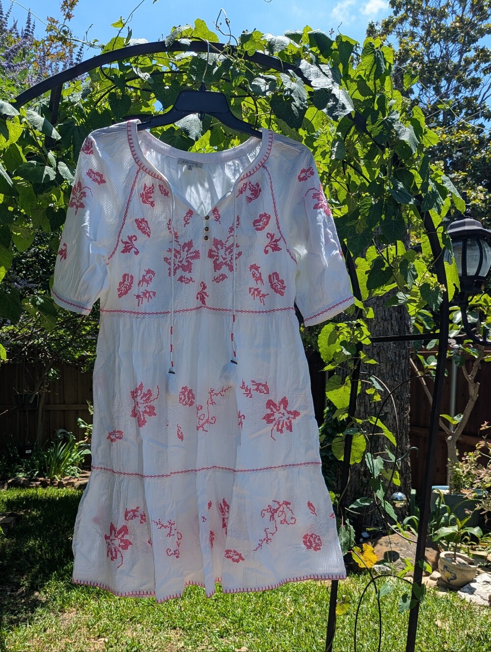White & Pink Embroidered Women's Dress - Boho Tiered Sundress